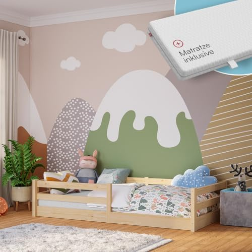 Bellabino Iskri Bodenbett 90x200 cm – Montessori Kinderbett mit Matratze, Rausfallschutz & Lattenrost – Holzbett für Jungen & Mädchen aus Kiefer Massivholz in Natur – Kleinkindbett