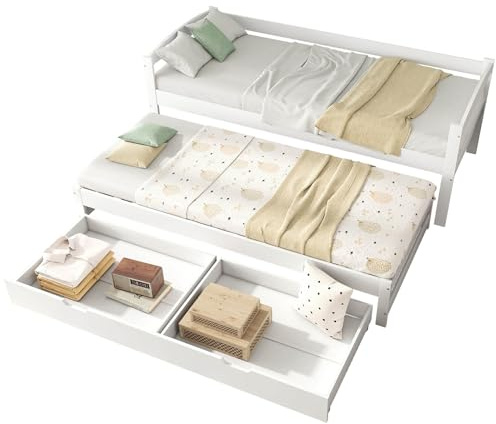Tagesbett ausziehbar zum Doppelbett, Funktionsbett mit 2 Schubladen & Lattenrost, Massivholz Bettgestell, Gästebett, Kiefer Weiß (200x90cm)