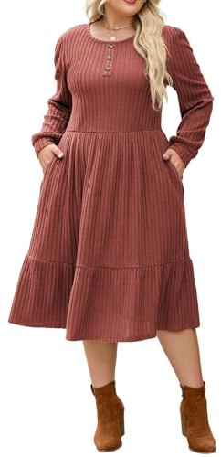 Vestido de Punto Informal de Talla Grande, Vestido de Invierno de Manga Larga para Mujer con Bolsillos Laterales, Vestidos Elegantes de Invierno.
