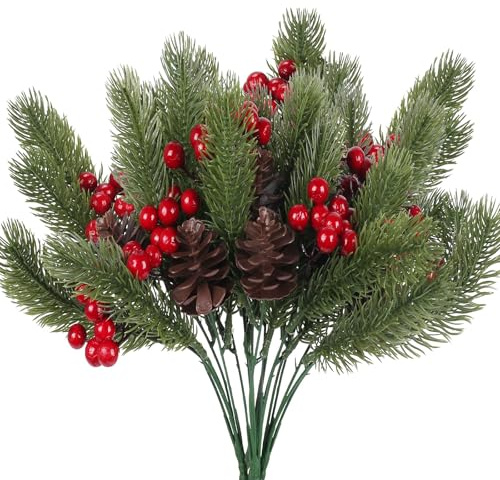 FOGAWA 4pcs Ramas de Pino Artificial con piñas y Bayas Rojas decoración Artificial Bayas de Acebo Palos Artificiales Bayas de Navidad para decoración de Mesa y guirnaldas navideñas