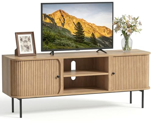Yvsevnr Mesa de TV de hasta 65 Pulgadas, Largo de 150cm, Mueble de TV con 2 Estantes Abiertos y 2 Puertas Correderas, para Salón, Dormitorio, Marco de Acero, Marrón Rústico 150 x 40 x 58 cm