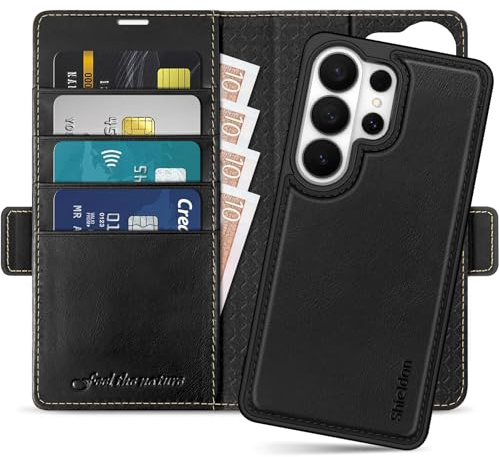 SHIELDON Cover Staccabile Vera Pelle per Galaxy S26 Ultra 6,9, Nero Retrò