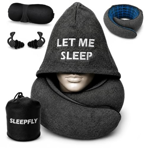 sleepfly Coussin de Voyage à Capuche – Tour de Cou Avion, Masque pour Les Yeux et Bouchons d’Oreilles – Oreiller de Voyage Mousse à Mémoire de Forme – Long Trajet Train Voiture (Gris)