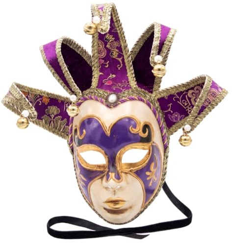 Goutdori Jester-mask, venetiansk mask för hela ansiktet, maskerad för män med guldmönster och klockor – röd