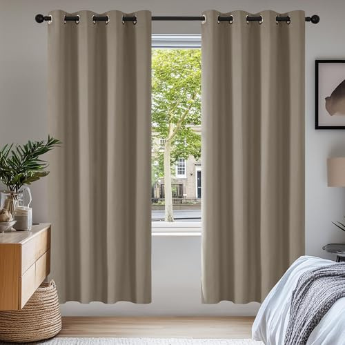 Deconovo Super Soft Solid Thermal Insulated Blackout Curtains for Bedroom Eyelet 55x69 Inch Two Panels Tan Brown