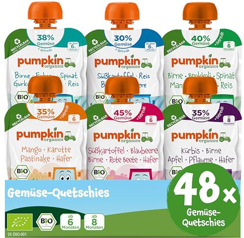 Pumpkin Organics 48er Pack QUERBEET Bio Gemüse-Quetschies - Quetschie ohne Zuckerzusatz¹ - Babynahrung für Babys ab dem 8. Monat - Bestsellerpaket (48x100g)