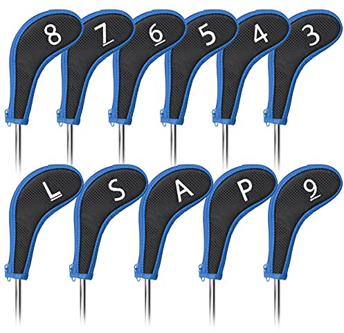 11pcs/Set Meshy Golf Club Iron Head Covers Headcover with No. on Both Sides Suitable for Right and Left Handed Golfer Zipper Closure (Black & Blue)