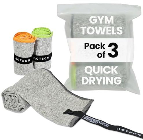 Acteon Microfiber Quick Dry Gym Towel, Silver ION Odor-Free Mega Absorbent Fiber Fast Drying Men Women Workout Gear for Body Sweat, Camping, Working Out Travel Towels – 3 Pack, 30x16, Heather Grey