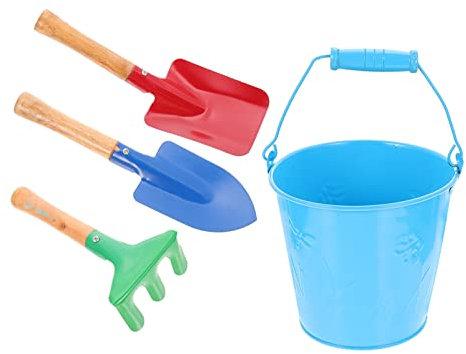 Toddmomy Kindergartengeräte- Set 4- Teiliges Kindersandstrand- Spielzeug Gartengeräte Kleiner Metalleimer Rechen Schaufel Gartenspielzeug für Kinder