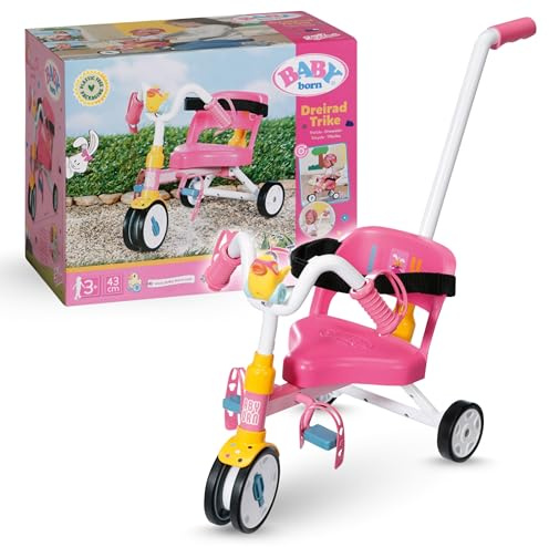 BABY born 835456 - Tricycle pour poupées jusqu'à 43 cm - Comprend des roues entièrement fonctionnelles, un guidon amovible, un klaxon, des pédales et une ceinture de sécurité - Aux enfants dès 3 ans