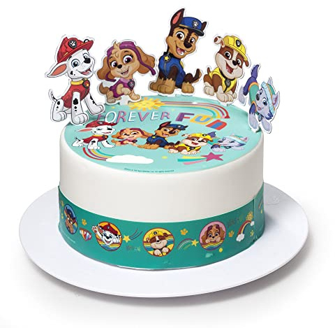 Kardasis Paw Patrol mit Zuckerbändern und Papierfiguren | Essbarer Aufleger für Torten und Kuchen | Tortendekoration für den Paw Patrol Themengeburtstag | 20cm + 3 Band 28x5cm + 4 Figuren