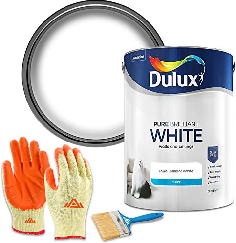 PERFECTONISH Dulux Pure Brilliant White Matt Emulsion Paint, 5L (Matt), For Walls & Ceilings, Quick Drying, Anti-Mould, Water Resistant, Includes 3 Brush & Gloves