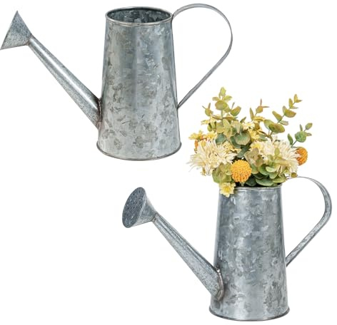 MyGift 5 Inch Small Rustic Galvanized Metal Decorative Vases in Vintage Style Watering Can Design for Dried Flowers and Artificial Plants, Set of 2 - Handcrafted in India
