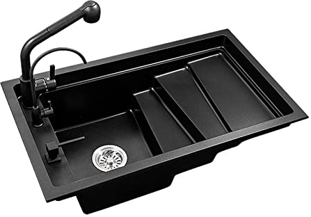 Kitchen Sink Stepped Sink Washbasin Dry and Wet Separation 360° Pull-Out Faucet Design Household Under-Counter Basin (Black C) (Black A)