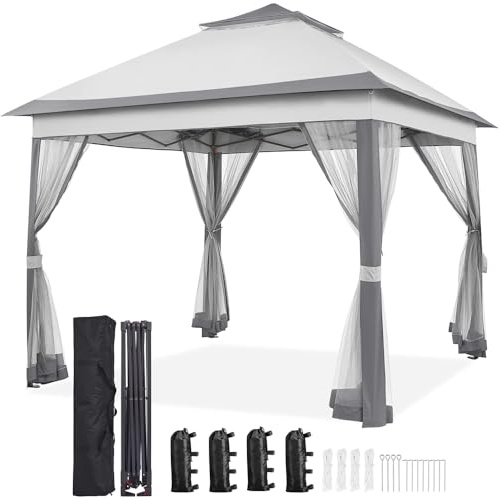 Yaheetech Tonnelle de Jardin avec Toiles Moustiquaires 3,3 x 3,3 m pour Camping Stand Commercial Fêtes Bistrot Bar Piscine Toile Gris Clair et Gris Foncé
