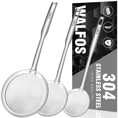 Walfos Fat Skimmer Spoon, 304 Stainless Steel Fat skimmer For Cooking, 3, 4 & 5 inch fine mesh skimmer, Food Strainer Fit For Separation Of The Floating Foam, Fat, Grease, Set of 3