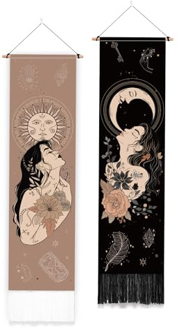 PLIGREAT Confezione da 2 Boho Sun Moon Arazzo Vintage Verticale Appeso A Parete con Nappe Arazzo Estetico Da Parete per Camera Da Letto Soggiorno Appeso A Parete Home Art Decor