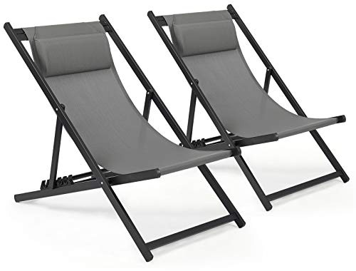 Mondeer Sonnenliege 2er Set, klappbarer Liegestuhl mit Kopfstütze und Verstellbarer Rückenlehne für Garten Pool Terrasse, Belastbarkeit 130kg, W104 x D58 x H95cm, Dunkelgrau