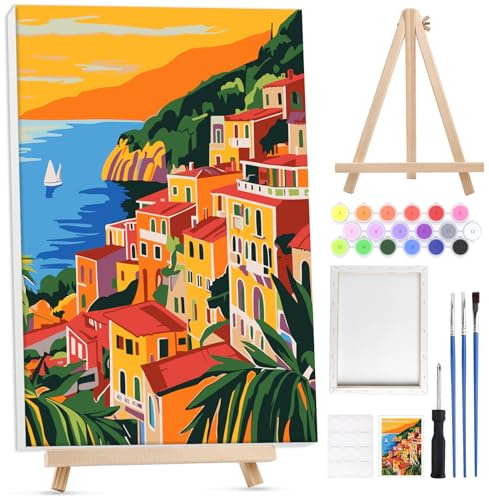 Lxmsja Paisaje Pintar por Numeros Adultos con Marco, con Caballete de Madera, DIY Cuadros para Pintar por Números Paisaje Lienzos, Pintura Acrilica Manualidades Decoracion Hogar Pared 20x30cm