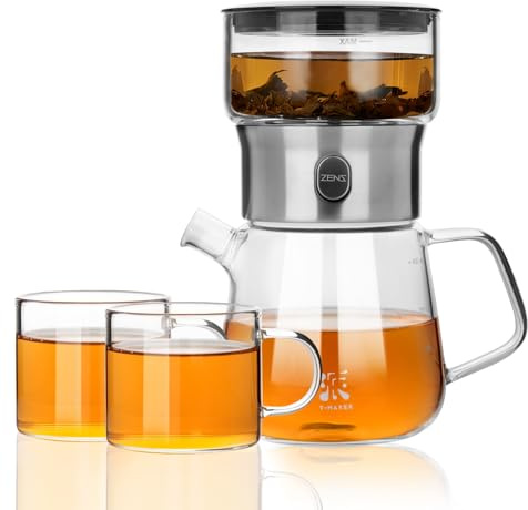 ZENS Modern Glass Teapots with Infuser Set, Magic One Touch Drip Tea Pot Infusers for Loose Tea Diffusers with 2 Gongfu Cups, Cool Herba Tea Maker for Tea Lovers Gifts-400ml