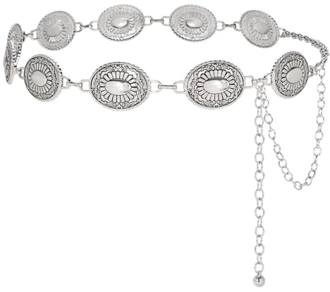 LEACOOLKEY Women Western Concho Metal Chain Belt Cowgirl Boho Waist Belt for Dress Jeans
