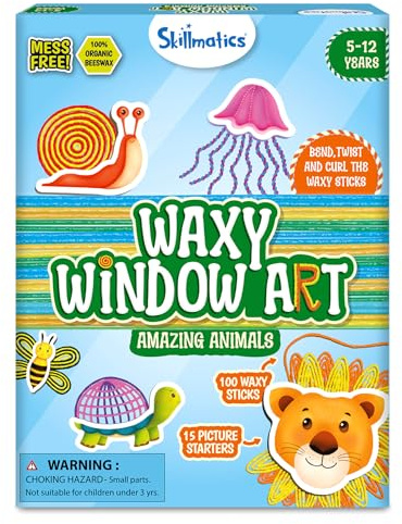 Skillmatics Waxy Window Art - 100 Bendable Waxy Sticks for Mess-Free DIY Fun, Reusable 100% Organic Beeswax Craft Kit, Travel Friendly, Creative Gifts for Girls & Boys Ages 5, 6, 7, 8, 9, 10, 11, 12