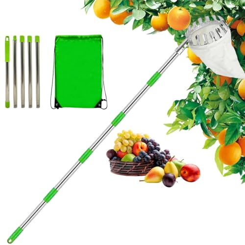 Fruit Picker Pole with Basket, 2025 New Fruit Picker Head Basket with Telescopic Extendable Pole, High Altitude Portable, Metal Head Fruits Picking Harvester Non Slip Grip for Harvesting