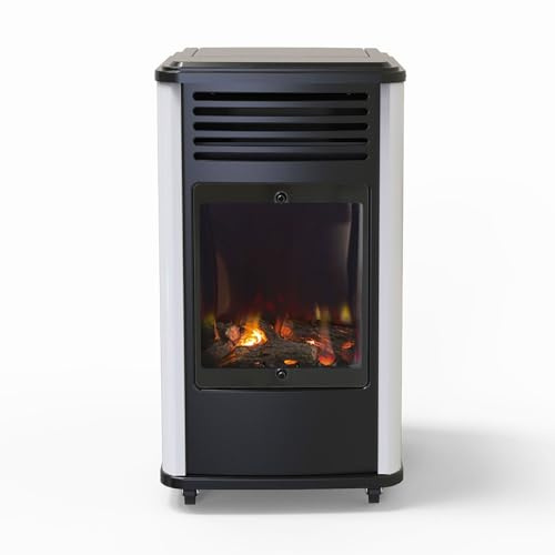 Sahara - Poele à gaz Manhattan 3.4KW Blanc et Noir - Chauffage d'appoint Effet Feu de Bois 3 Niveaux de Chauffe