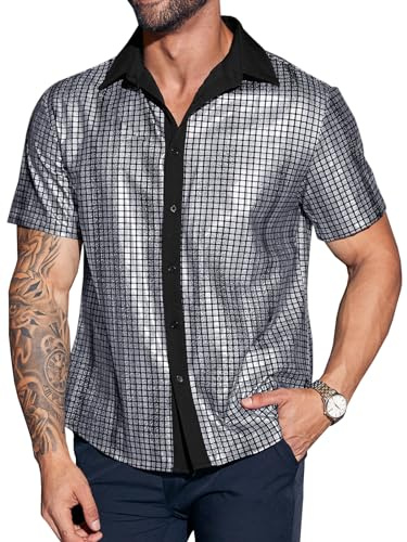 Runcati Chemise à manches courtes pour homme, style années 70, vintage, à paillettes, pour fête discothèque