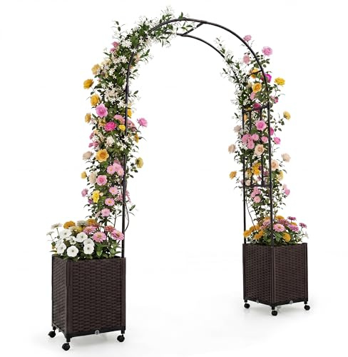 HOMASIS Arco da Giardino con 4 Ruote, Pergolato per Piante Rampicanti da Esterno in Metallo con 2 Fioriere Rimovibili e Foro di Drenaggio, Decorazione per Festa, Matrimonio e Cerimonia