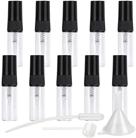 BasicPacking 10 Pcs Mini Spray Bottles, 3ml Clear Empty Fine Mist Glass Travel Atomiser Bottle Set for Perfume, Refillable Transparent Pocket Size Sprayer Liquid Containers for Travel with Funnel