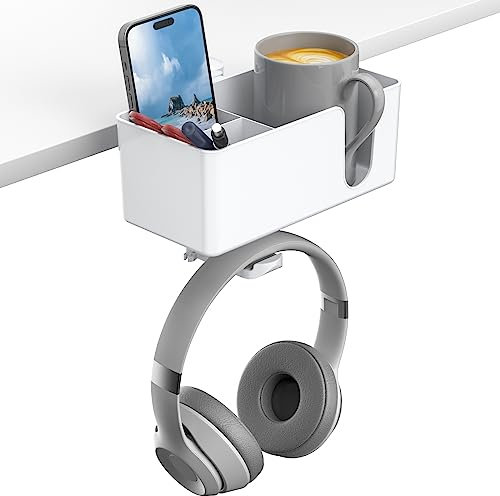 KDD Soporte Vaso Escritorio 4 en 1 con Soporte Auriculares - Gancho para Auriculares Giratorio Bajo Mesa con 2 Agujeros de Cables - Soporte Desmontable para Taza Móvil Bolígrafo (Blanco)