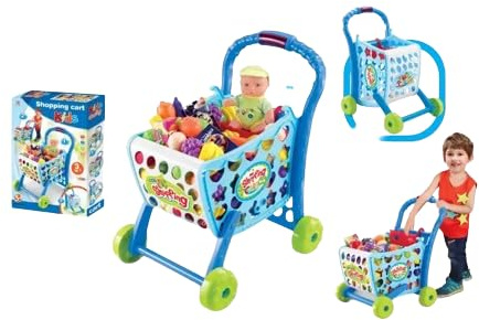 PNJB 3 in-1 Kids Supermarket Mini Shopping Cart, lightweight, Trolley with Vegetable Fruits, Grocery Shopping Cart, Pretend Play, Toy Shopping Cart for Kids
