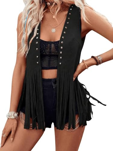 Acrawnni Women Tassel Vest 70s Hippie Faux Suede Rivets Sleeveless Fringe Waistcoat Jacket Open Front Boho Western Jacket Cardigan