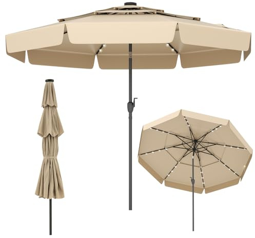 COSTWAY 3M 3-Tier Garden Parasol, Heavy Duty 8-Ribs Solar Patio Umbrella with 32 LED Lights, Crank Handle & Tilt Function, Outdoor UV Protective Canopy Sun Shade (Beige, with Ruffled Edge)