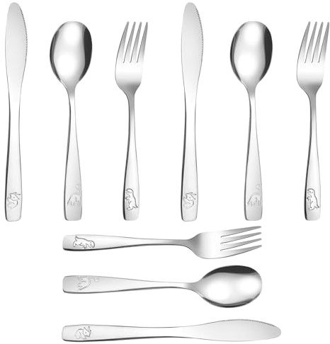 9 Cubiertos Infantiles,Cubiertos Acero Inoxidable,Cubiertos de Dinosaurios Para Niños,3 Forchetta, 3 Cucchiai, 3 Coltelli Seghettati para Niños Hogar y la Escuela