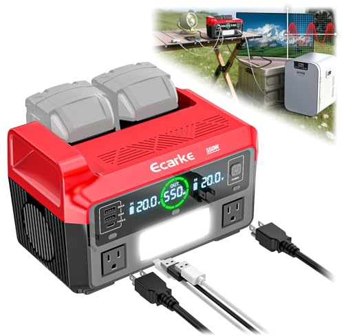 Ecarke 550W Portable Power Inverter Compatible with DeWALT 20V Battery, DC 18V to AC 110V Pure Sine Wave Power Station 2 AC Outlets, 2 USB-A&1 USB-C 20W, 600LM LED Outdoor Emergency Use (No Battery)