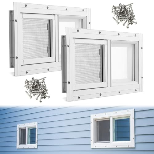 Kathfly 2 Pack Basement Home Window 16'' x 8'' Mini Basement Windows Replacement with Glass Screen and Screws for Home Sheds Barns (White)