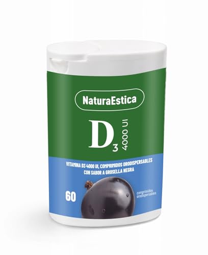 Vitamina D3 4000 UI NaturaEstica | Alta Dosis | Sistema Inmunitario, Huesos y Músculos | Orodispersable | 60 Comprimidos | Sabor Grosella Negra | Sin Azúcar