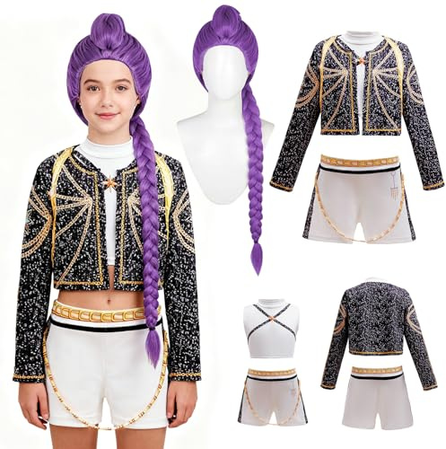 Ekukeon Costume de Cosplay d'anime pour Enfant avec Gilet,Veste, Short,Perruque Longue Violette,Demon Filles Costume,Groupe Kpop pour Halloween,Carnaval,Carnaval Cosplay,Jeu de Rôle,FêteKoreanpop