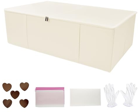 Wekuch Wedding Dress Storage Box – Large Wedding Dress Preservation Box 94L with Acid-Free Tissue Paper, Cedar Wood Blocks, White Gloves & Dust Bag for Bridal Gown Preservation (Beige)