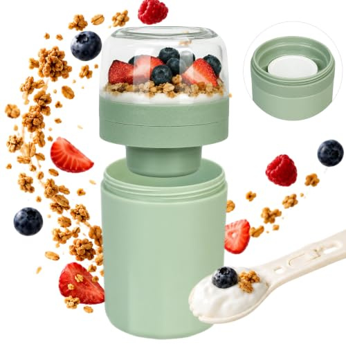 Vicloon Cereal Cup, Recipiente para Yogur con Cuchara, 520 ml + 250 ml, con Cuchara y Caja para Salsa, para Sopas, Yogur, Muesli, vaso Portátil, Recipiente, Vaso para Cereales(Verde)