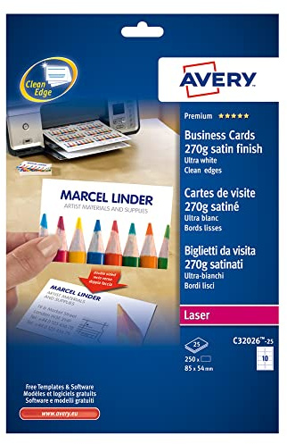 AVERY Zweckform C32026-25 Premium Visitenkarten, blanko (250 Stück, 270g, 85x54 mm, beidseitig bedruckbar, satiniert ultraweiß, absolut glatte Kanten, 25 Blatt) zum Selbstbedrucken auf Laser-Druckern
