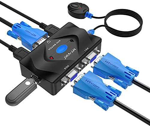 KVM Switch VGA 2 Port, MT-VIKI KVM Switcher VGA Console with 3 USB Hubs + 2in1 Cables+Desktop Selector