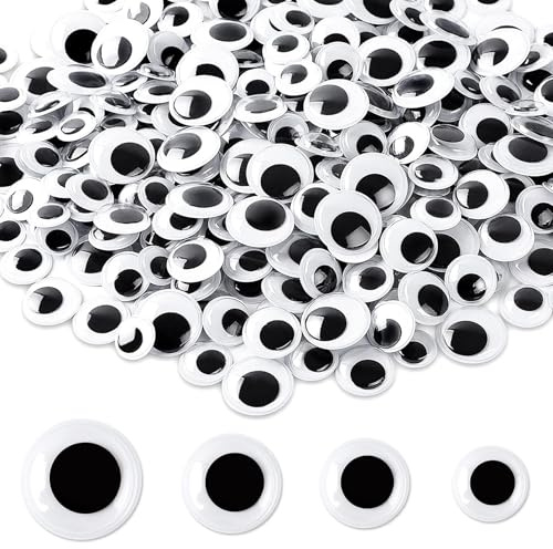 UPINS 300 Pcs Round Plastic Black Googly Wiggle Eyes Self-Adhesive Large Size 15 mm 18 mm 20 mm 25 mm