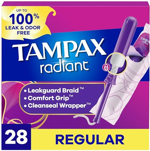 Tampax Radiant Tampons, #1 Tampon Brand, with LeakGuard Braid, Regular Absorbency, Up to 100% Leak and Odor Free Protection, Unscented, 28 Count