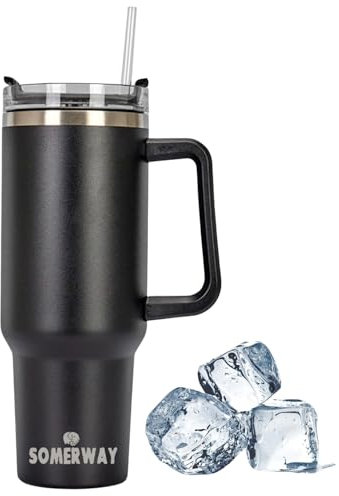 Somerway 1182ml 40oz Kaffeebecher to Go, Doppelwandiger Edelstahl Vakuum Isolierbecher mit Griff und Stroh, Tragbare Autobecher Becher Tumbler Thermobecher Kaffeetasse für Heißer und Kalter Getränke