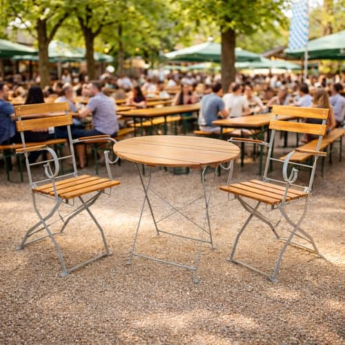 Mojawo Lot de 3 meubles de jardin à bière - Table pliante + 2 chaises pliantes + dossier pliable en bois d'acacia rond - Diamètre : 80 cm