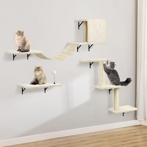 AFYHA Klättervägg set med kattträd, hängmatta, kattgrotta vägg, kattbro, klösbräda och klösträd – 4-delad kattmöbel för katter, kattwalk (beige)