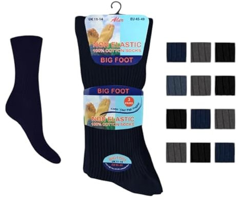 Rozgul 6 Pairs BNG Men's Big Foot Extra Wide Diabetic 100% Cotton Socks - Ideal for Swollen Legs, UK Size 11-14 - Non-Binding, Comfortable, and Breathable,Non Elastic Loose Soft Top